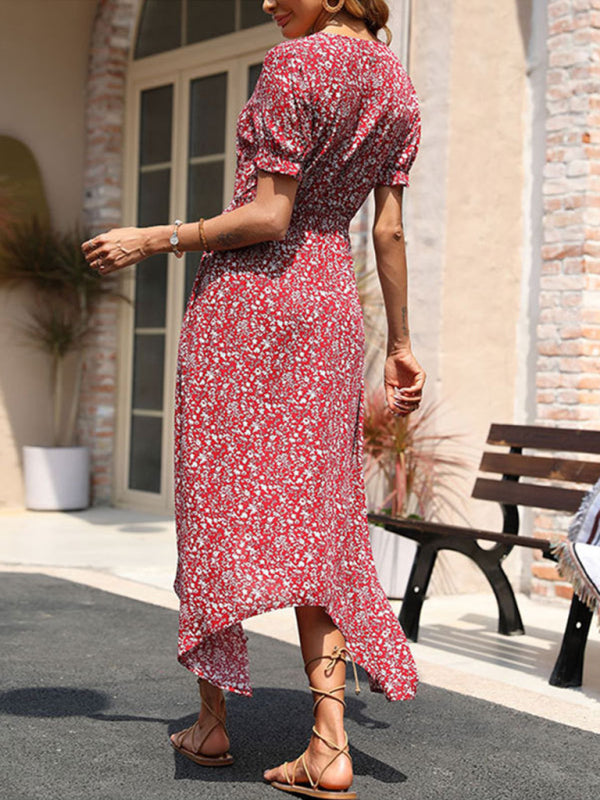 Irregular skirt red temperament retro floral dress