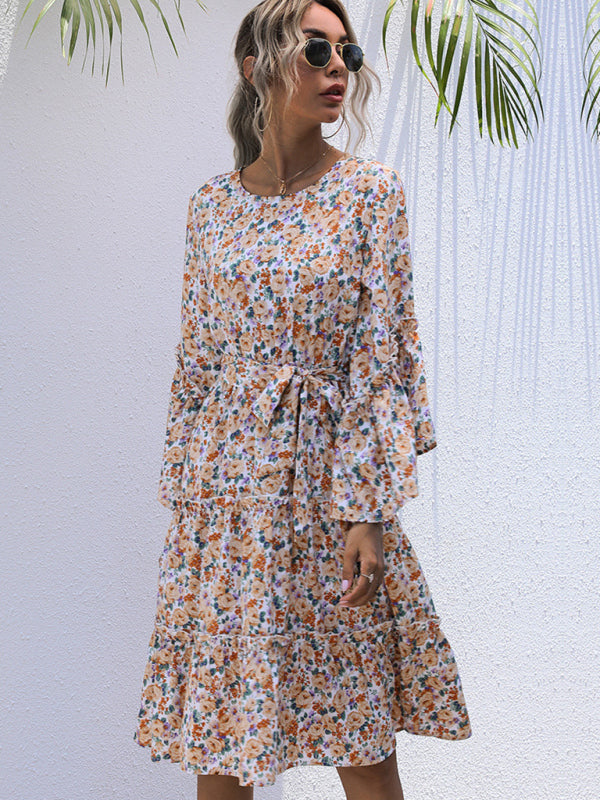 round neck print lace-up long-sleeve floral dress