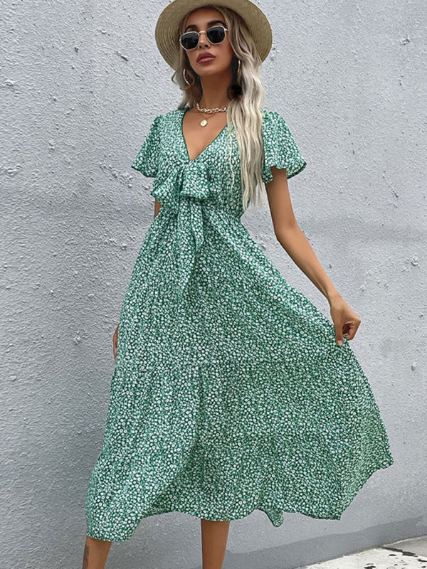 Women's Short Sleeve Green Print V-Neck Dress