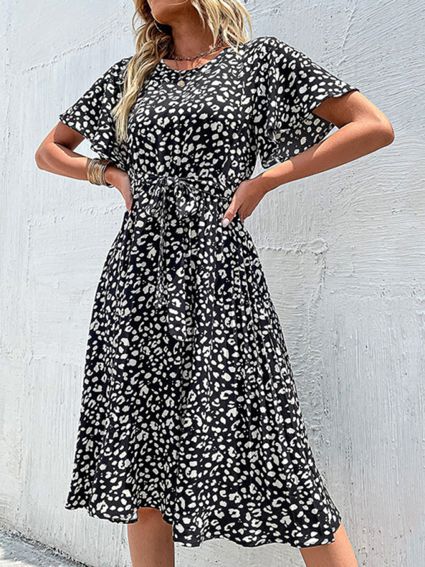 Temperament women's black retro floral dress