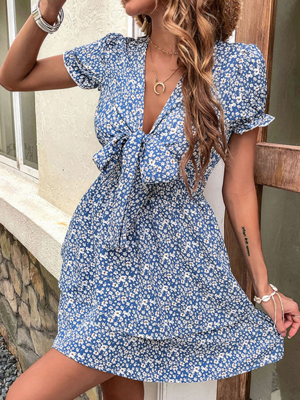 Fashion Women's Bow Knot Blue Elegant Dress Women's Summer