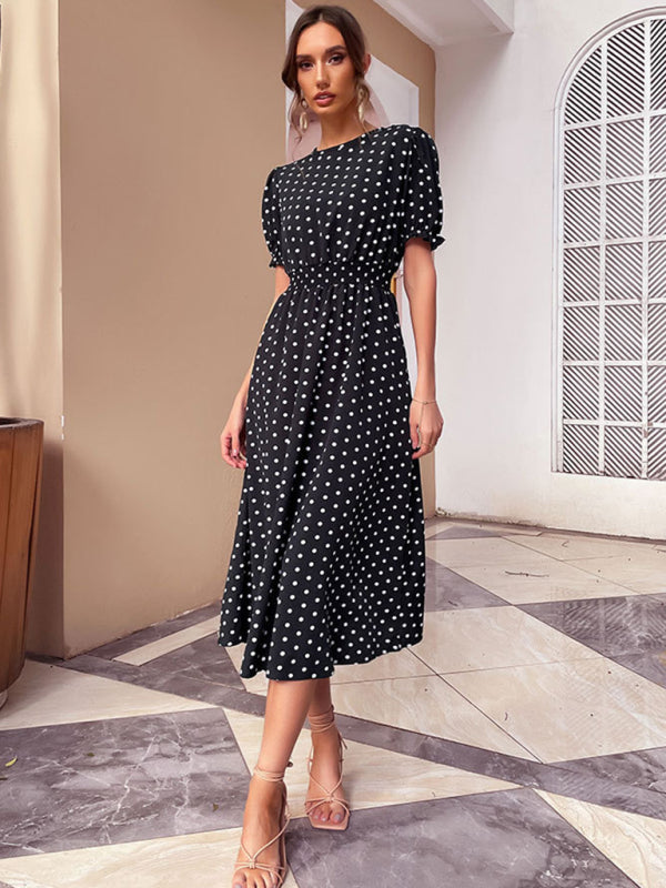 Mid-length skirt temperament retro women's black polka dot slim dress