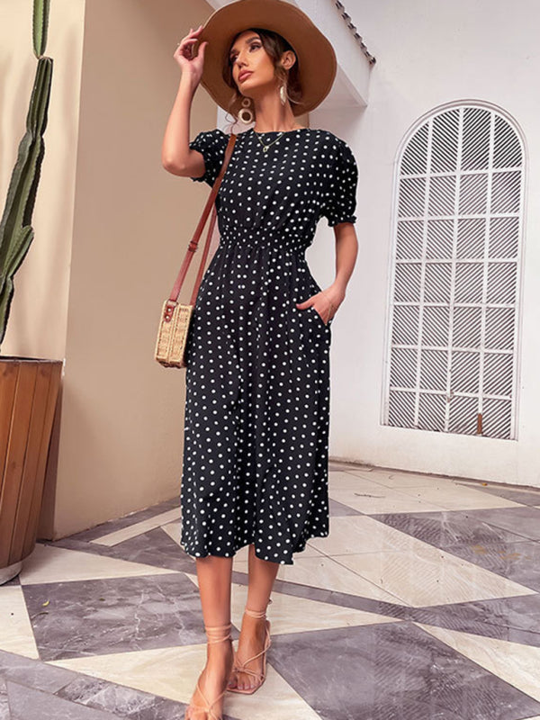 Mid-length skirt temperament retro women's black polka dot slim dress