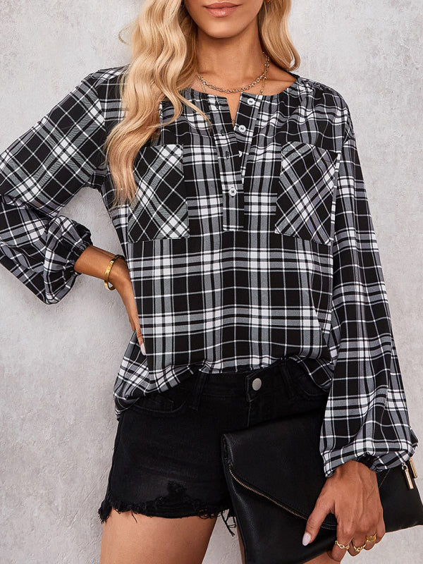 Women's fashion check Round Neck Shirt