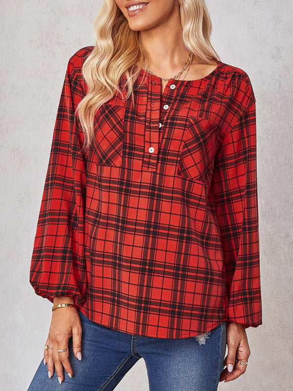 Women's fashion check Round Neck Shirt