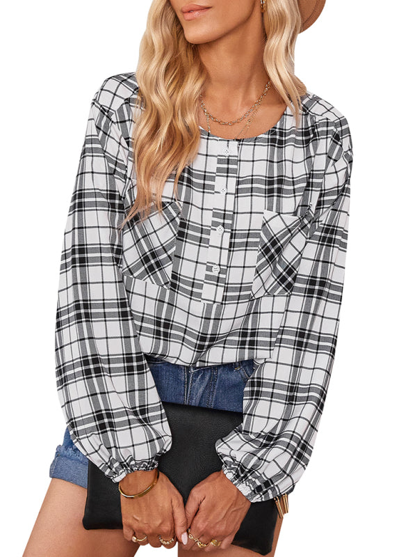 Women's fashion check Round Neck Shirt