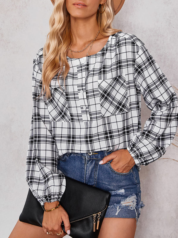 Women's fashion check Round Neck Shirt