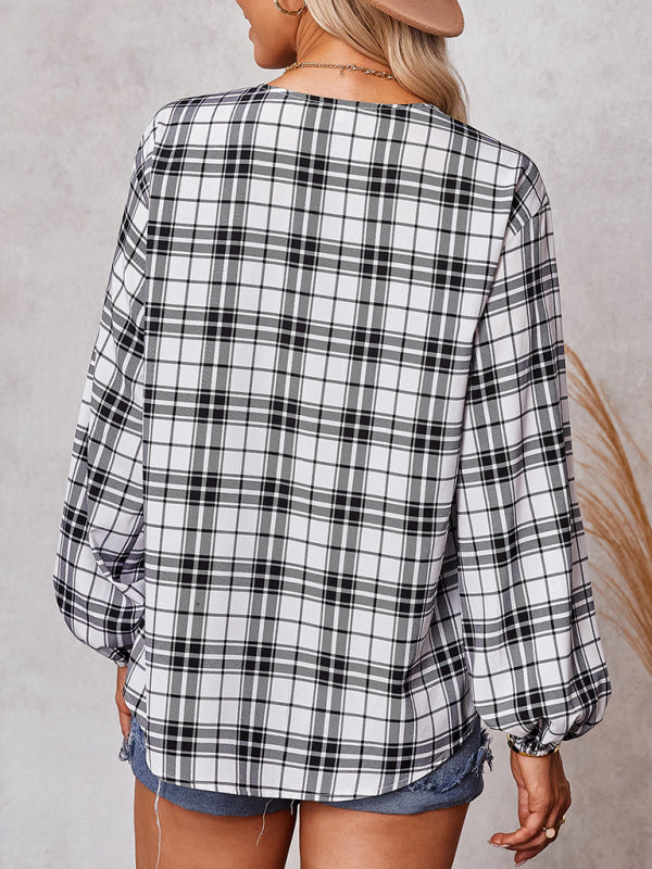 Women's fashion check Round Neck Shirt