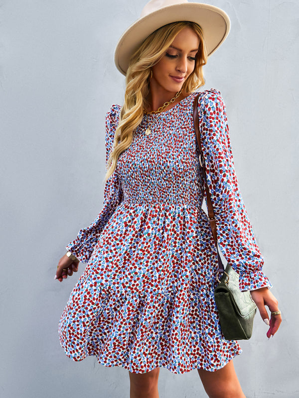 Women's round neck long sleeve versatile Floral Dress