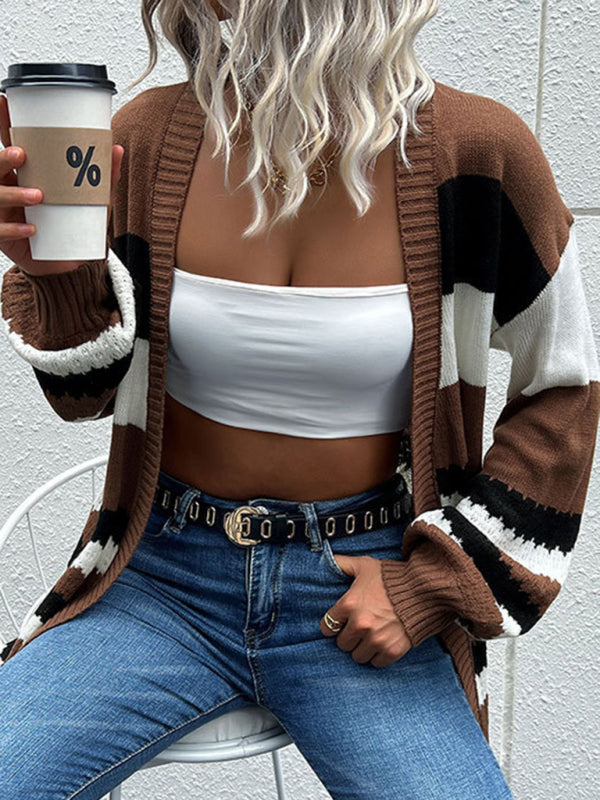 women's fashion coat color block long sleeve sweater cardigan