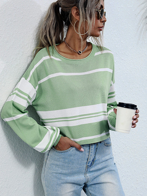 women's short knitted bottoming striped green sweater