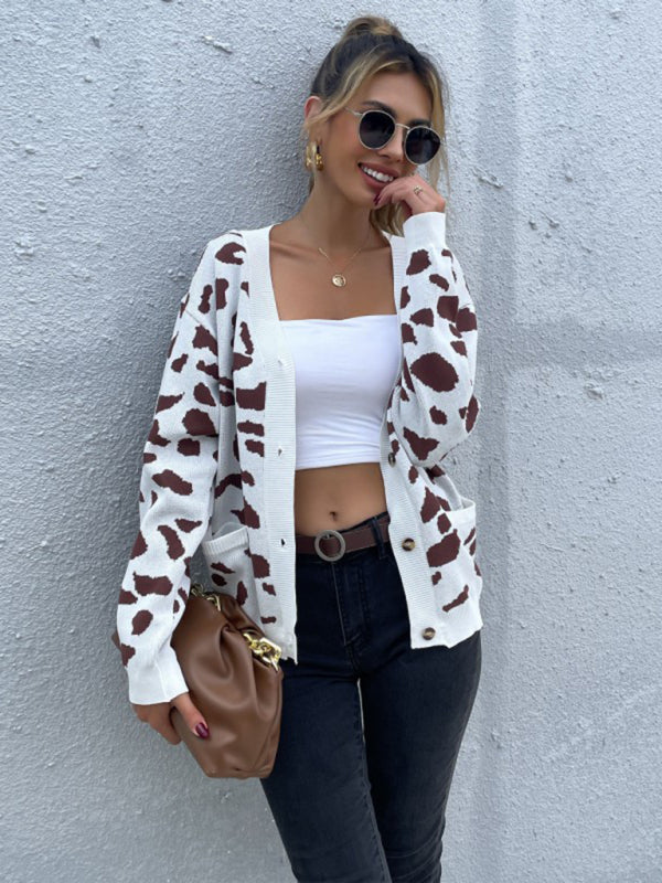 women's wind leopard print v-neck knitted sweater coat