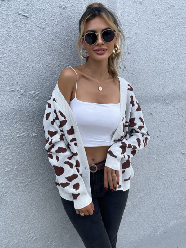 women's wind leopard print v-neck knitted sweater coat