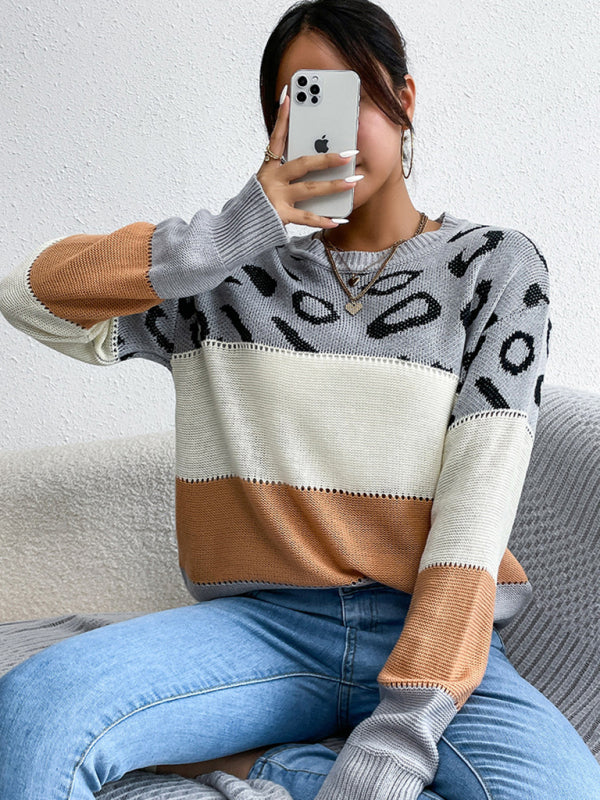 Women's Long Sleeve Leopard Contrast Knit Sweater