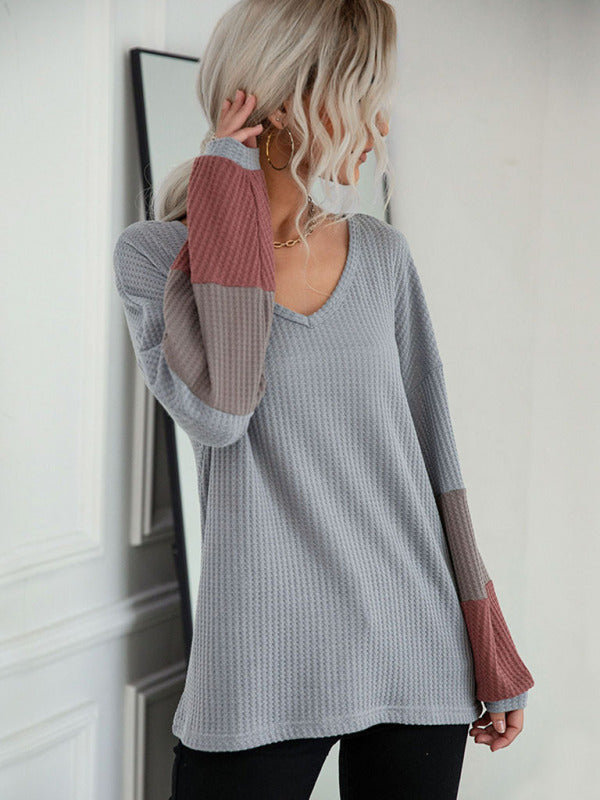 Autumn Colorblock Long Sleeve Grey V-Neck Knit Sweater