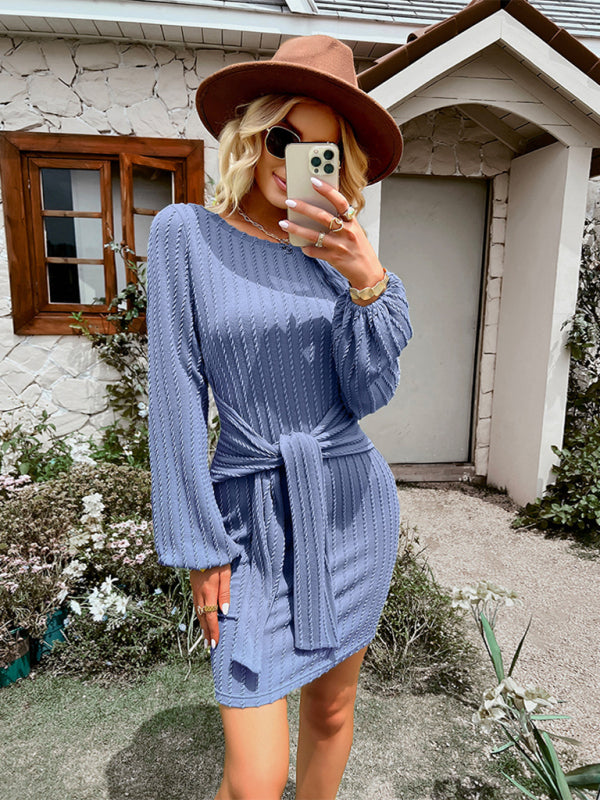 Women's Round Neck Long Sleeve Waist Slim Dress