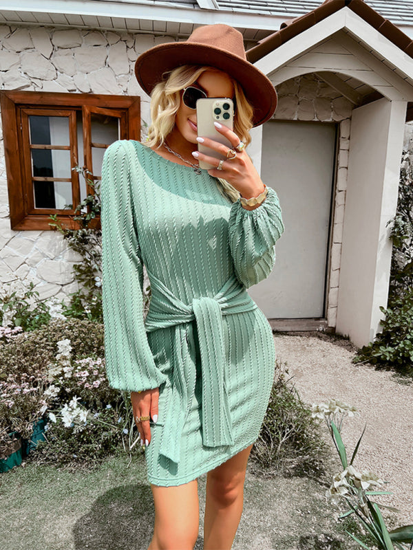 Women's Round Neck Long Sleeve Waist Slim Dress