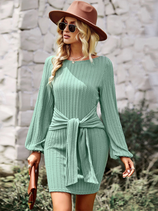 Women's Round Neck Long Sleeve Waist Slim Dress