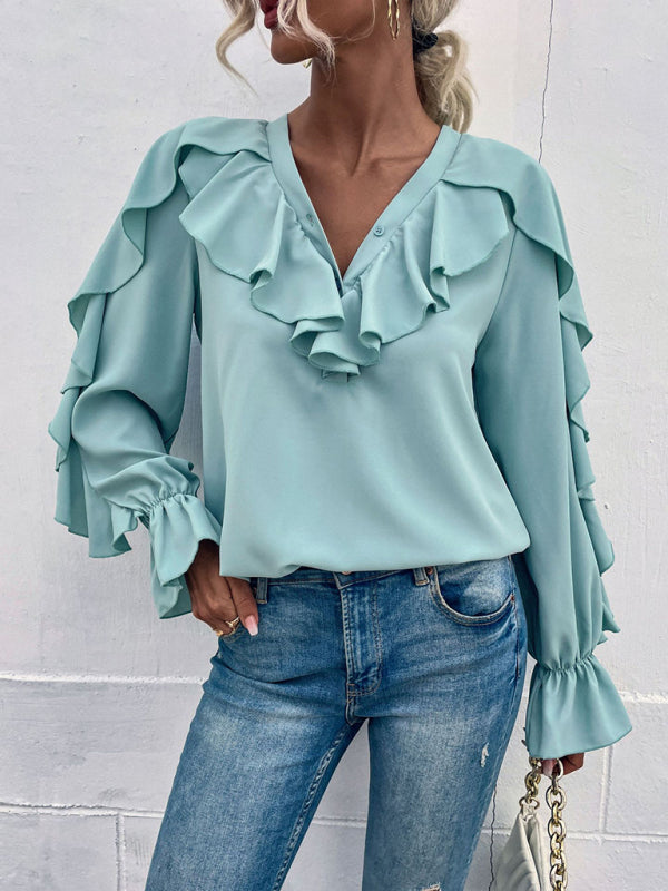 Women's Solid V-Neck Ruffle Panel Top