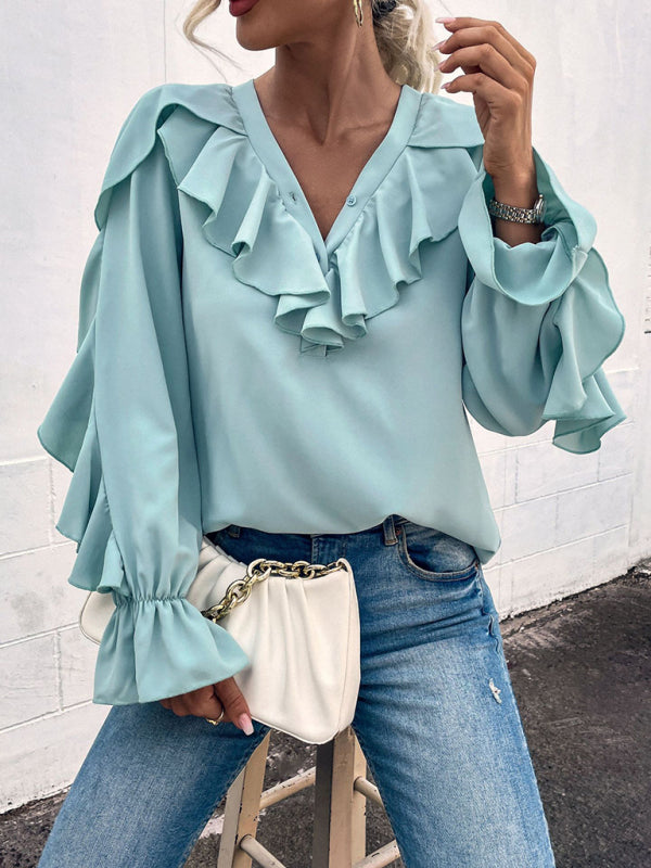 Women's Solid V-Neck Ruffle Panel Top