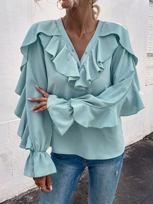 Women's Solid V-Neck Ruffle Panel Top