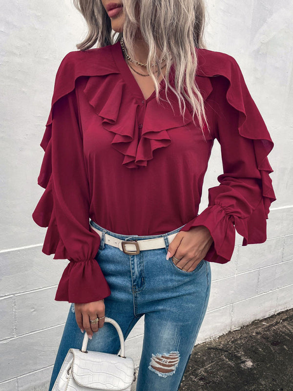 Women's Solid V-Neck Ruffle Panel Top