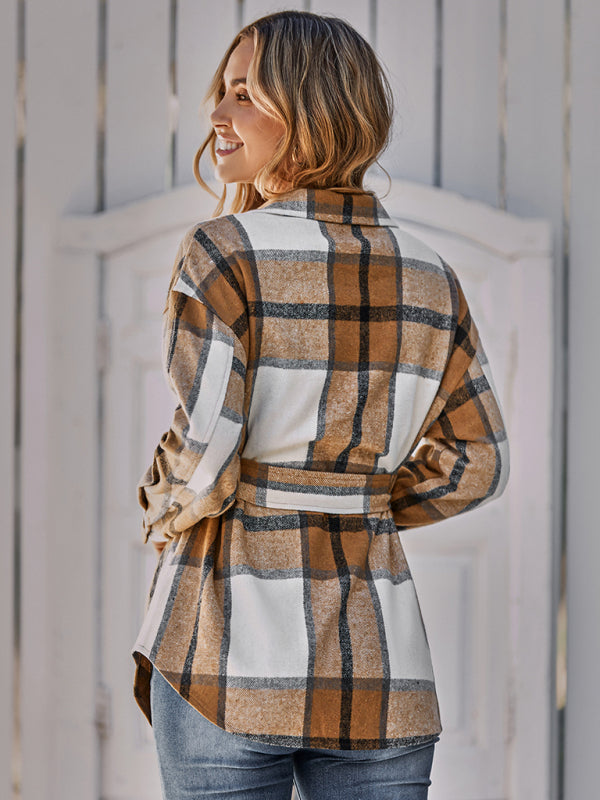 Women's single breasted casual plaid belt jacket