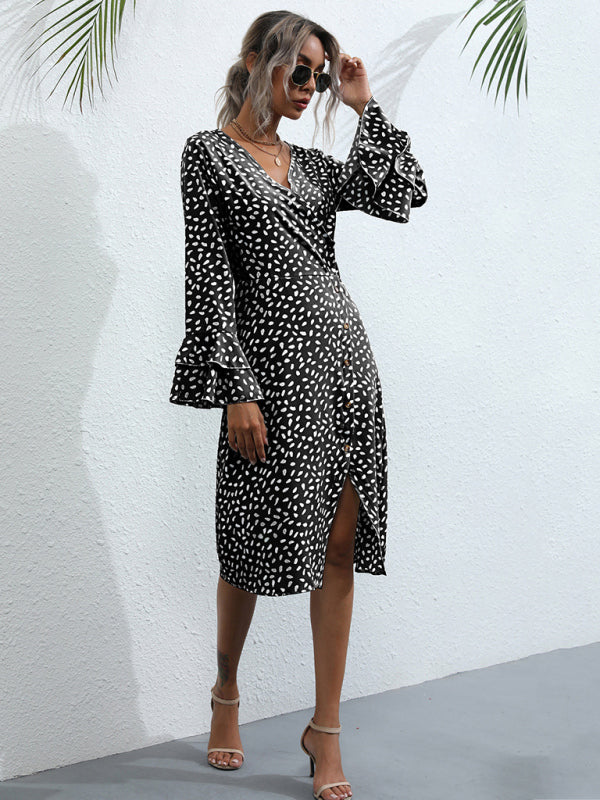 Women's Slim Fit Printed Split Long Sleeve French Dress