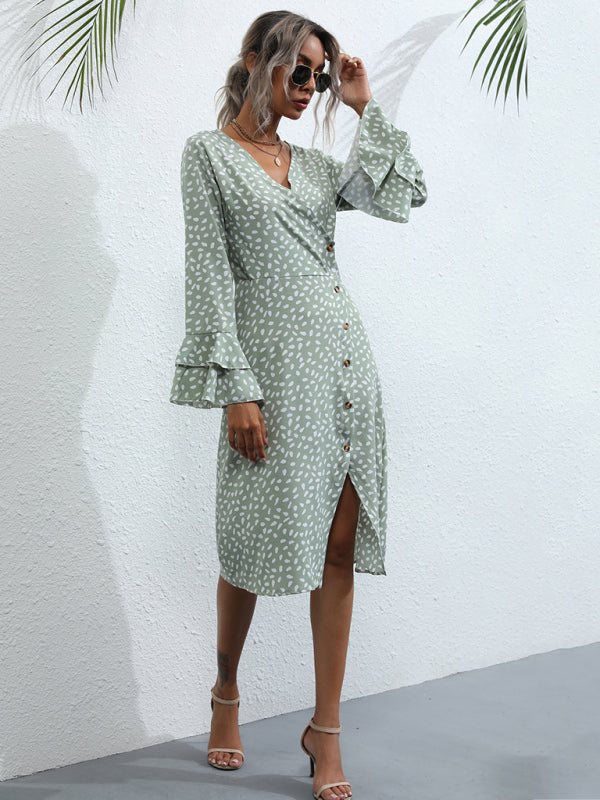 Women's Slim Fit Printed Split Long Sleeve French Dress