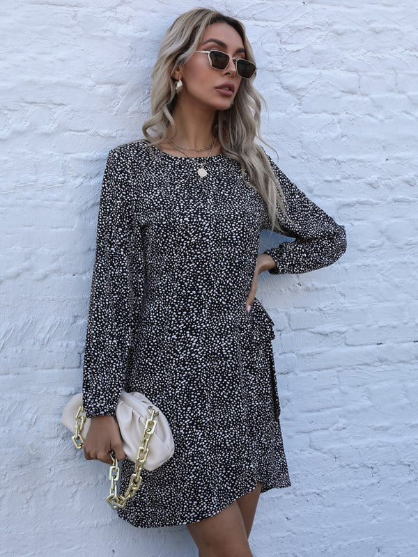 Women's lace-up irregular leopard print long-sleeved dress