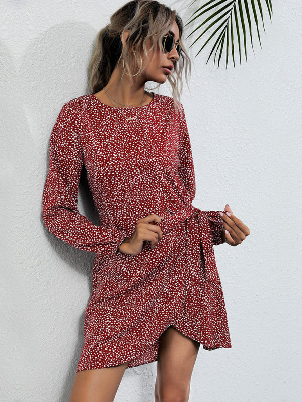 Women's lace-up irregular leopard print long-sleeved dress