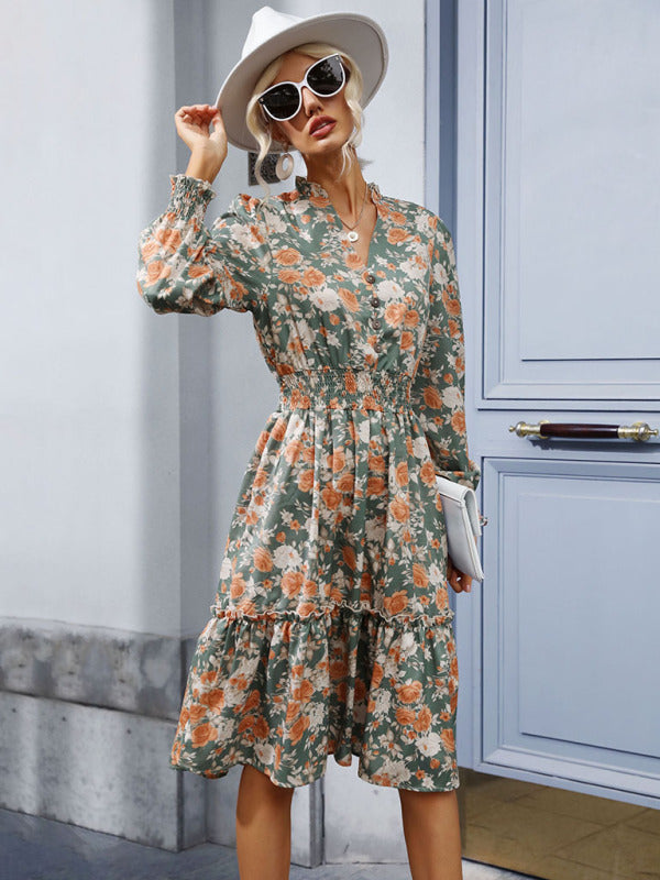 Women's temperament ruffle print retro long-sleeved dress