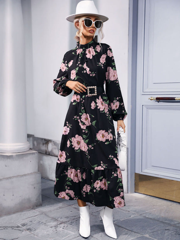 Women's print long sleeve half high neck long dress dress