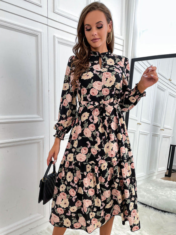 Women's print long sleeve half high neck dress