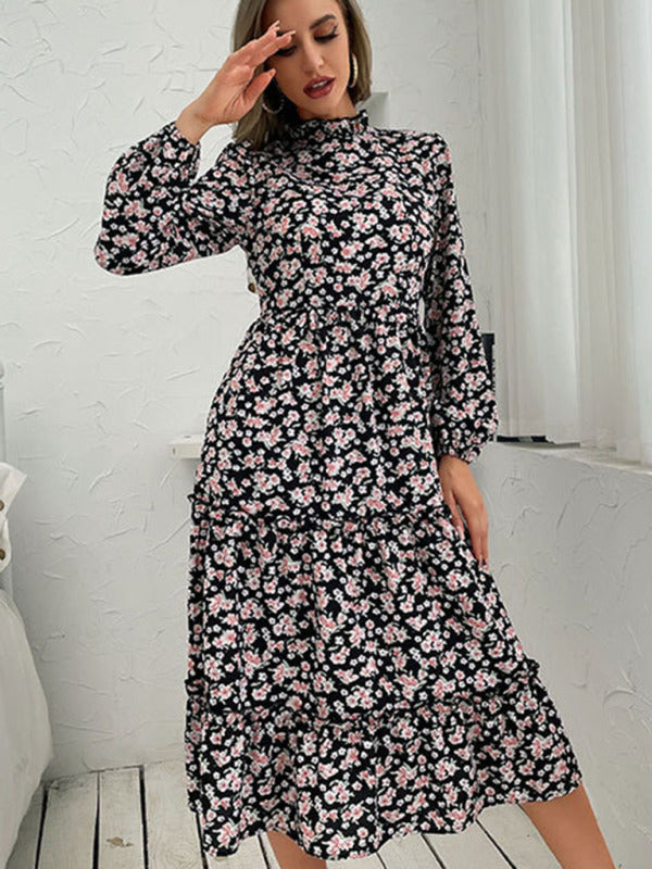 Women's mid -length semi -high -neck wrinkles print dress