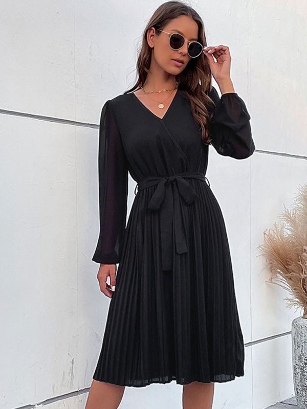 Women's Woven Long Sleeve Pleated V-Neck Dress