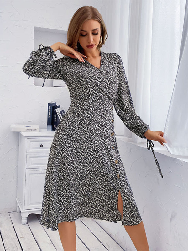 Women's Woven V-Neck Printed Long-Sleeved Slit Dress