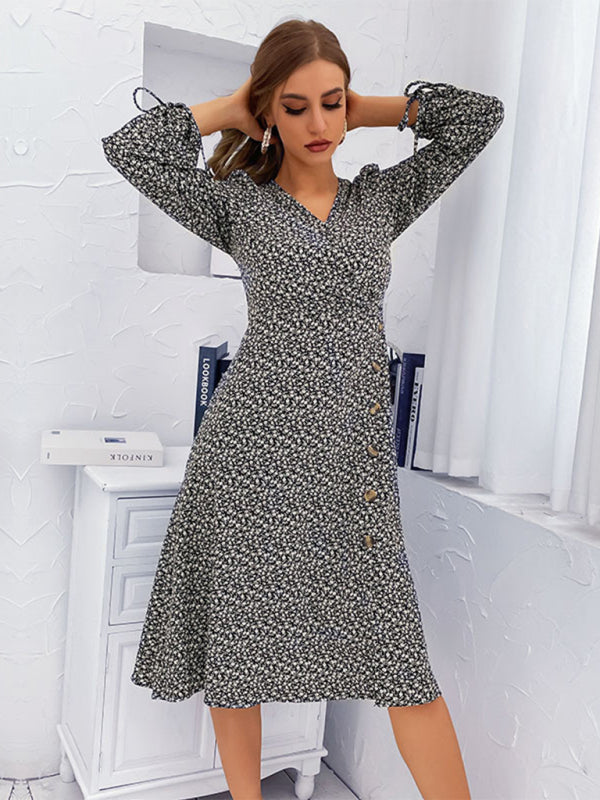 Women's Woven V-Neck Printed Long-Sleeved Slit Dress