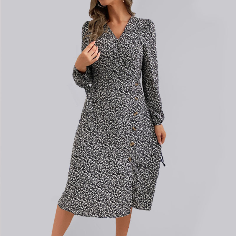 Women's Woven V-Neck Printed Long-Sleeved Slit Dress