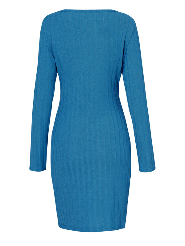 Women's Knitted Round Neck Long Sleeve Package Hip Strap Dress