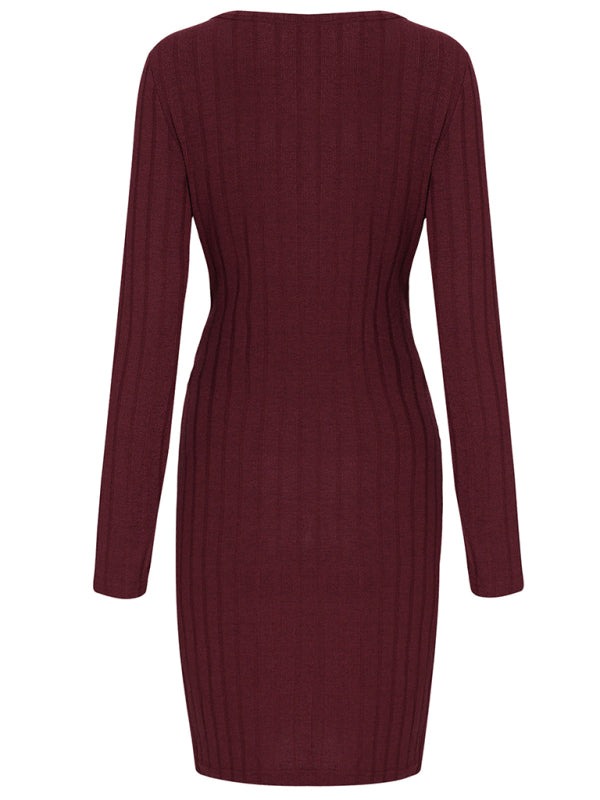 Women's Knitted Round Neck Long Sleeve Package Hip Strap Dress