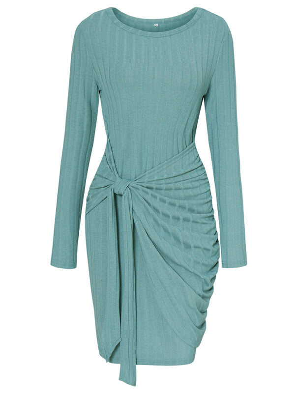 Women's Knitted Round Neck Long Sleeve Package Hip Strap Dress