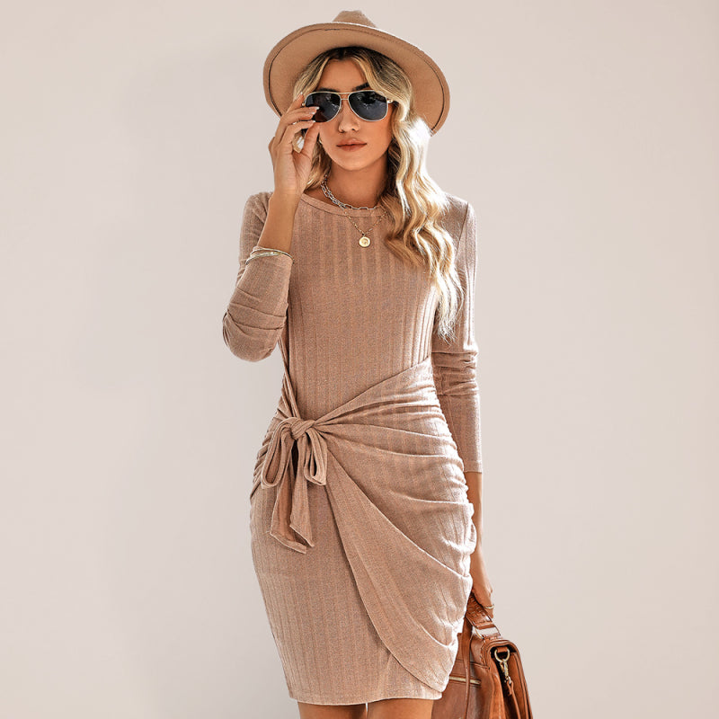 Women's Knitted Round Neck Long Sleeve Package Hip Strap Dress