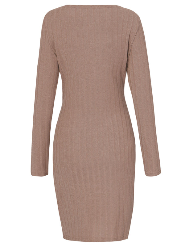 Women's Knitted Round Neck Long Sleeve Package Hip Strap Dress