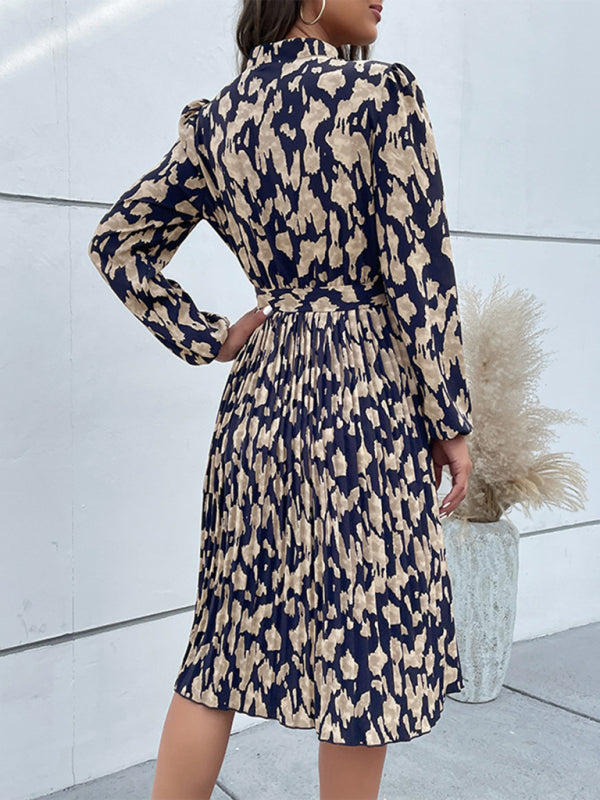 Women's Woven Pleated Print Long Sleeve Dress