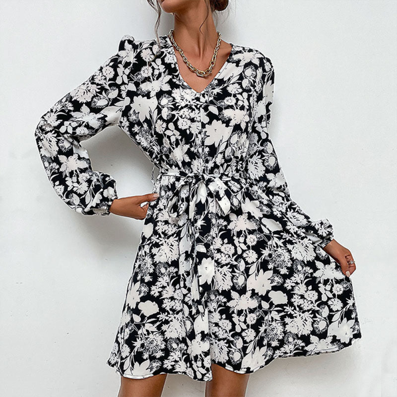 Women's Woven V-Neck Printed Long-Sleeved Dress