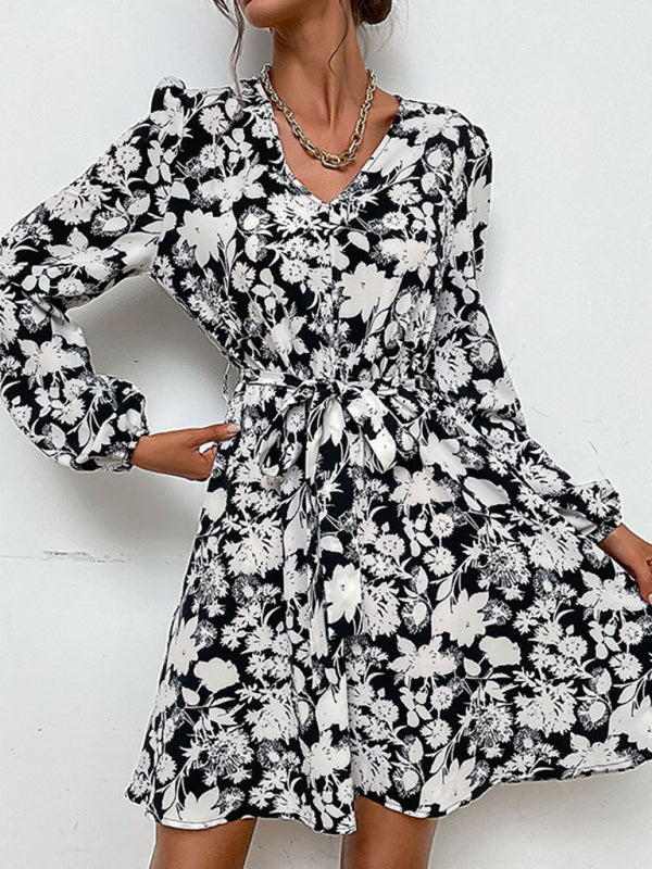 Women's Woven V-Neck Printed Long-Sleeved Dress