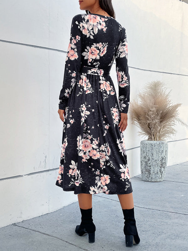 Women's V-neck long-sleeve printed mid-length dress