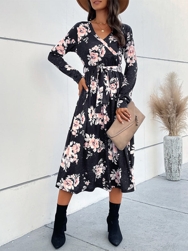 Women's V-neck long-sleeve printed mid-length dress