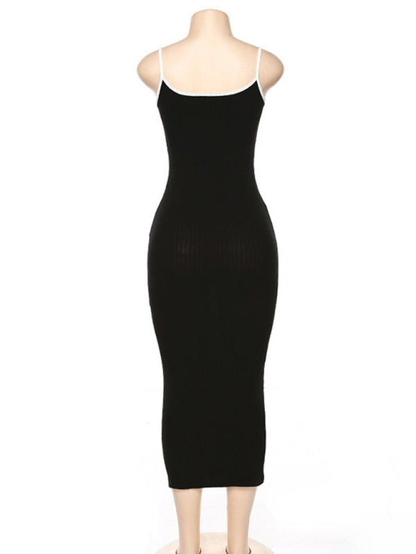 Women's Contrasting color suspender sexy open back slim dress